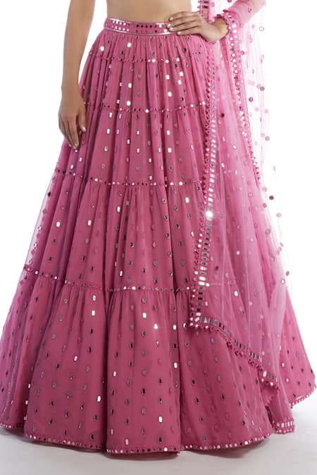 Vvani By Vani Vats_Pink Net, Georgette V Neck Embellished Tiered Bridal Lehenga Set _at_Aza_Fashions
