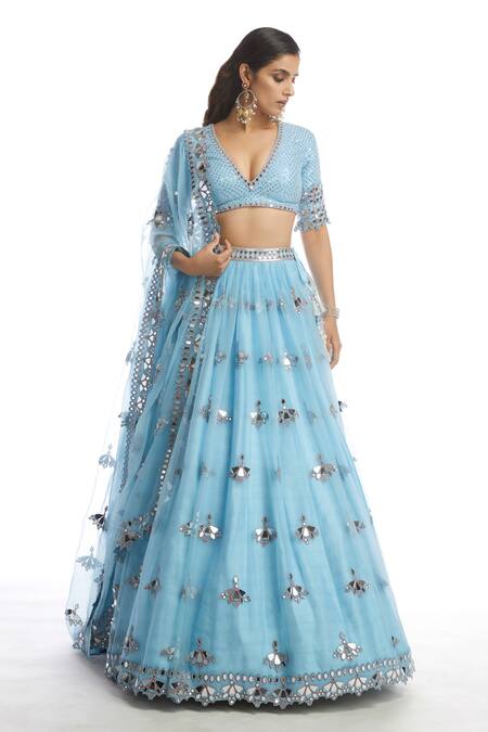 Shop_Vvani By Vani Vats_Blue Georgette, Silk Organza, Dupion V Neck Bridal Lehenga Set _Online_at_Aza_Fashions