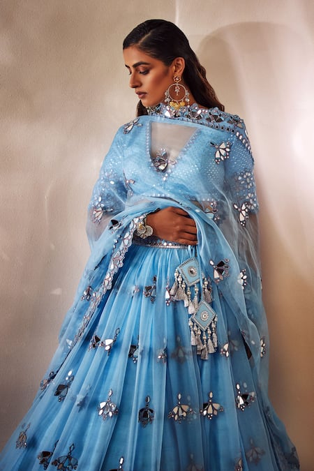 Buy_Vvani By Vani Vats_Blue Georgette, Silk Organza, Dupion V Neck Bridal Lehenga Set _Online_at_Aza_Fashions