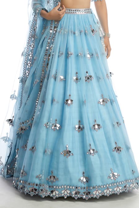 Vvani By Vani Vats_Blue Georgette, Silk Organza, Dupion V Neck Bridal Lehenga Set _at_Aza_Fashions