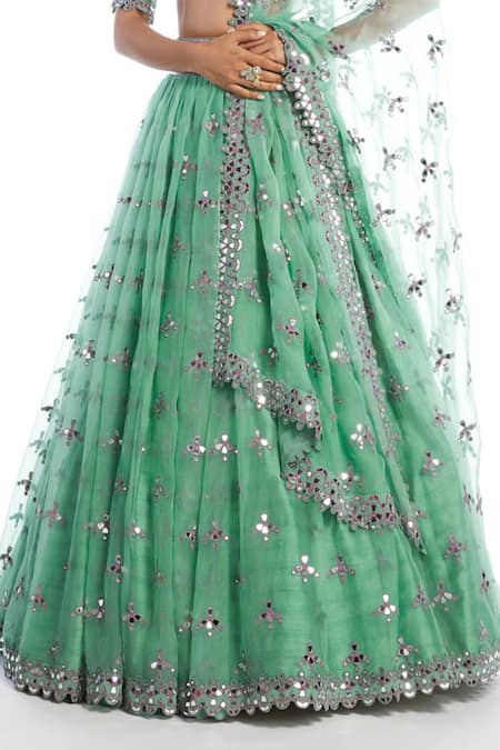 Shop_Vvani By Vani Vats_Green Lehenga Silk Organza Blouse Georgette Dupion Round Bridal Set _at_Aza_Fashions