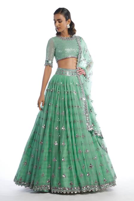 Vvani By Vani Vats_Green Lehenga Silk Organza Blouse Georgette Dupion Round Bridal Set _Online_at_Aza_Fashions