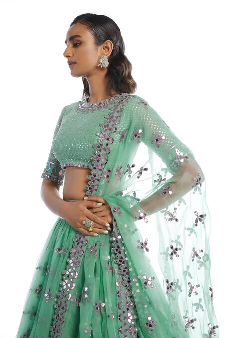 Buy_Vvani By Vani Vats_Green Lehenga Silk Organza Blouse Georgette Dupion Round Bridal Set _Online_at_Aza_Fashions