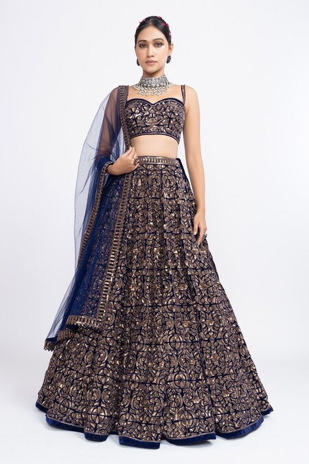 Net Embroidered Blouse And Velvet Lehenga -8100 - THREADS & MOTIFS