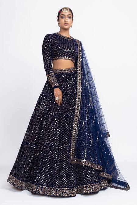 Vvani By Vani Vats Blue Velvet Dupatta Net Round Embroidered Bridal Lehenga Set Online at Aza Fashions Vvani By Vani Vats_Blue Velvet Dupatta Net Round Embroidered Bridal Lehenga Set _Online_at_Aza_Fashions