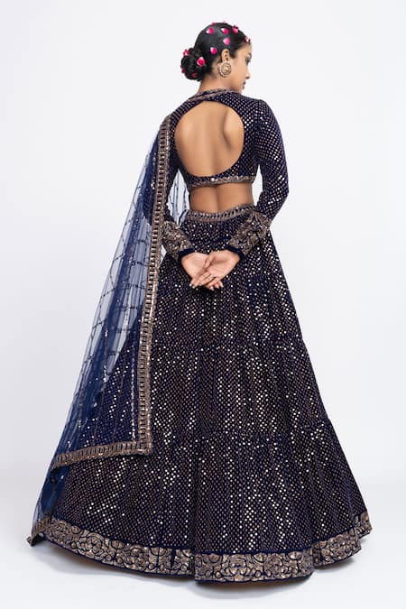 Shop Vvani By Vani Vats Blue Velvet Dupatta Net Round Embroidered Bridal Lehenga Set at Aza Fashions Shop_Vvani By Vani Vats_Blue Velvet Dupatta Net Round Embroidered Bridal Lehenga Set _at_Aza_Fashions