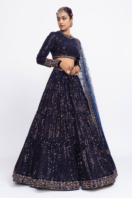 Buy Vvani By Vani Vats Blue Velvet Dupatta Net Round Embroidered Bridal Lehenga Set Online at Aza Fashions Buy_Vvani By Vani Vats_Blue Velvet Dupatta Net Round Embroidered Bridal Lehenga Set _Online_at_Aza_Fashions