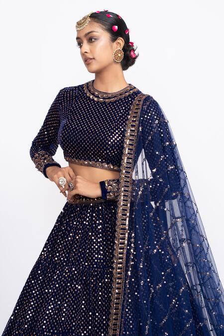 Shop_Vvani By Vani Vats_Blue Velvet Dupatta Net Round Embroidered Bridal Lehenga Set _Online_at_Aza_Fashions