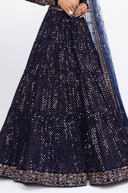 Vvani By Vani Vats Blue Velvet Dupatta Net Round Embroidered Bridal Lehenga Set at Aza Fashions Vvani By Vani Vats_Blue Velvet Dupatta Net Round Embroidered Bridal Lehenga Set _at_Aza_Fashions