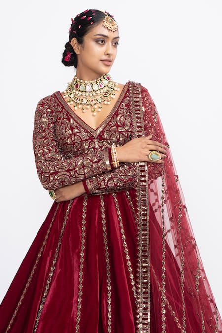 Shop_Vvani By Vani Vats_Maroon Velvet Dupatta Net V Neck Embroidered Bridal Lehenga Set _Online_at_Aza_Fashions