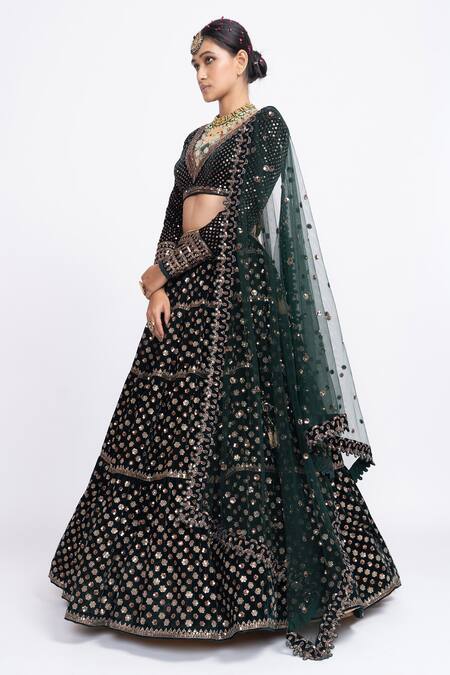 Buy Vvani By Vani Vats Green Velvet Dupatta Net V Neck Embroidered Bridal Lehenga Set Online at Aza Fashions Buy_Vvani By Vani Vats_Green Velvet Dupatta Net V Neck Embroidered Bridal Lehenga Set _Online_at_Aza_Fashions
