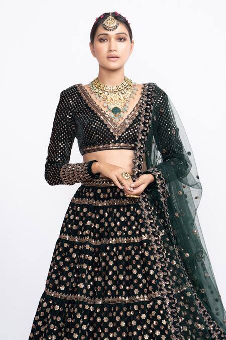 Shop_Vvani By Vani Vats_Green Velvet Dupatta Net V Neck Embroidered Bridal Lehenga Set _Online_at_Aza_Fashions