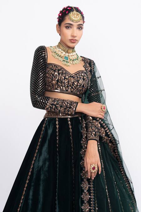 Shop_Vvani By Vani Vats_Green Velvet Dupatta Net Sweetheart Neck Embroidered Bridal Lehenga Set _Online_at_Aza_Fashions