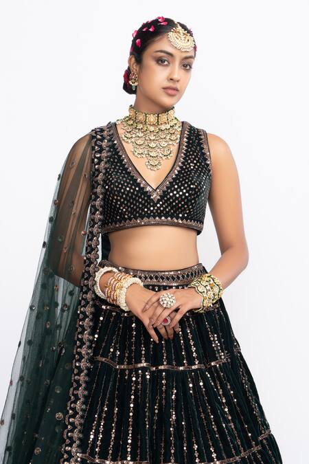 Shop_Vvani By Vani Vats_Green Velvet Dupatta Net V Neck Embroidered Bridal Lehenga Set _Online_at_Aza_Fashions