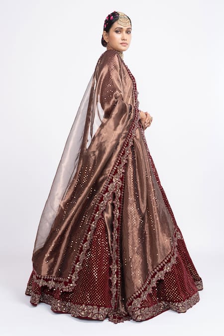 Vvani By Vani Vats Brown Velvet Dupatta Tissue V Neck Embroidered Bridal Lehenga Set Online at Aza Fashions Vvani By Vani Vats_Brown Velvet Dupatta Tissue V Neck Embroidered Bridal Lehenga Set _Online_at_Aza_Fashions
