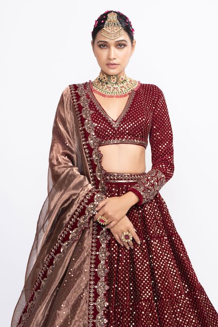 Shop_Vvani By Vani Vats_Brown Velvet Dupatta Tissue V Neck Embroidered Bridal Lehenga Set _Online_at_Aza_Fashions