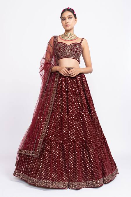 Buy Vvani By Vani Vats Maroon Velvet Dupatta Net Sweetheart Neck Embroidered Bridal Lehenga Set Online at Aza Fashions Buy_Vvani By Vani Vats_Maroon Velvet Dupatta Net Sweetheart Neck Embroidered Bridal Lehenga Set _Online_at_Aza_Fashions