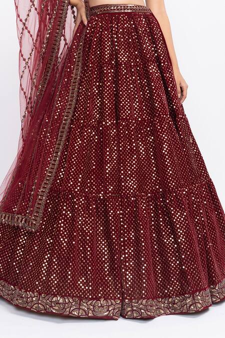 Vvani By Vani Vats Maroon Velvet Dupatta Net Sweetheart Neck Embroidered Bridal Lehenga Set at Aza Fashions Vvani By Vani Vats_Maroon Velvet Dupatta Net Sweetheart Neck Embroidered Bridal Lehenga Set _at_Aza_Fashions