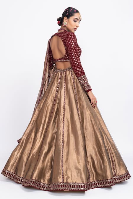 Shop_Vvani by Vani Vats_Brown Lehenga Tissue Blouse  Dupatta Embroidery V Bridal Set _at_Aza_Fashions