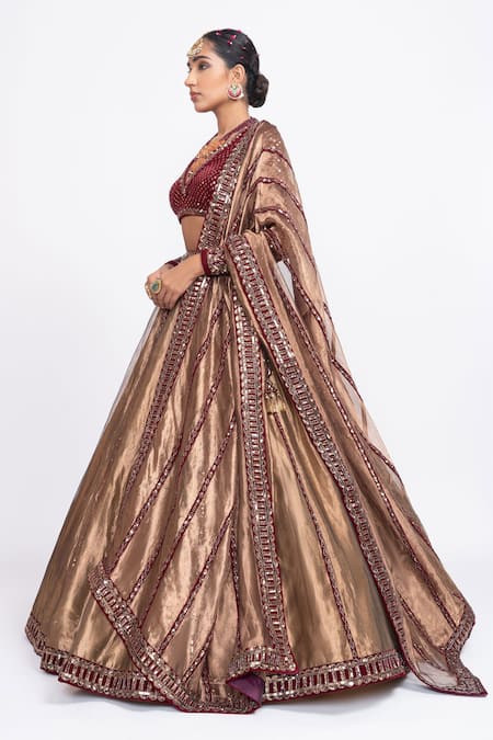 Vvani by Vani Vats_Brown Lehenga Tissue Blouse  Dupatta Embroidery V Bridal Set _Online_at_Aza_Fashions