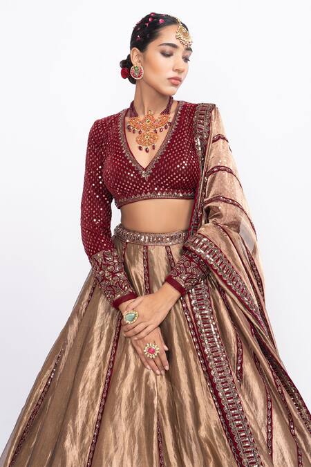 Buy_Vvani by Vani Vats_Brown Lehenga Tissue Blouse  Dupatta Embroidery V Bridal Set _Online_at_Aza_Fashions