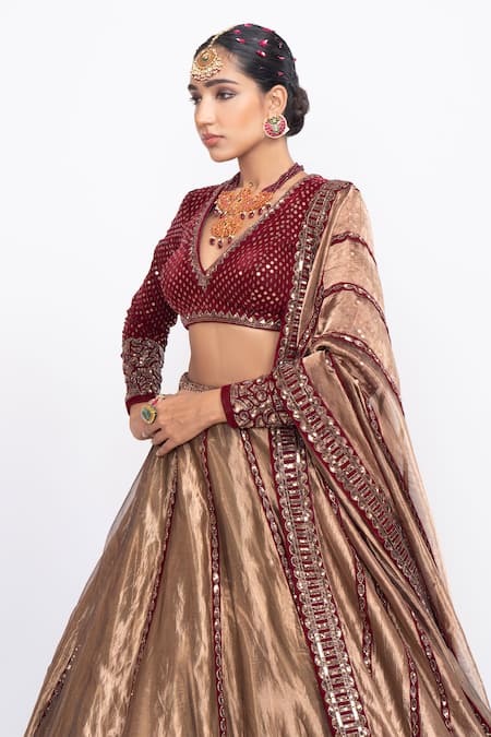 Shop_Vvani by Vani Vats_Brown Lehenga Tissue Blouse  Dupatta Embroidery V Bridal Set _Online_at_Aza_Fashions