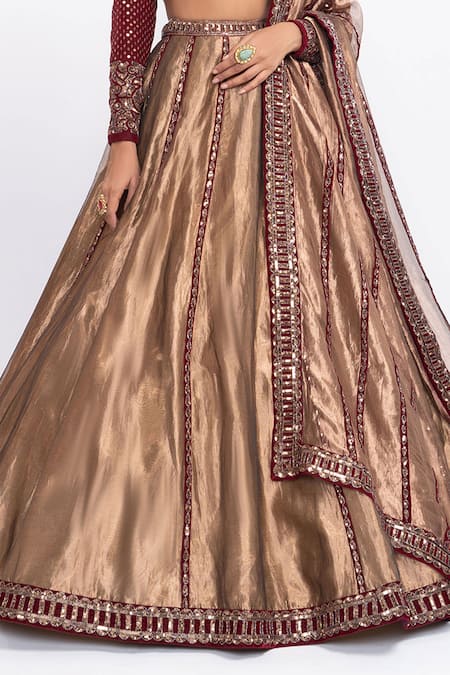 Vvani by Vani Vats_Brown Lehenga Tissue Blouse  Dupatta Embroidery V Bridal Set _at_Aza_Fashions