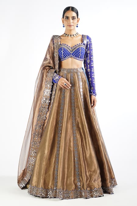 Vvani By Vani Vats_Brown Blouse Georgette, Lehenga And Dupatta Shimmer Embroidered Bridal Set _Online_at_Aza_Fashions