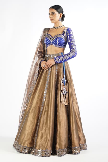 Buy_Vvani By Vani Vats_Brown Blouse Georgette, Lehenga And Dupatta Shimmer Embroidered Bridal Set _Online_at_Aza_Fashions