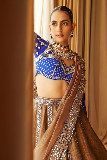 Shop_Vvani By Vani Vats_Brown Blouse Georgette, Lehenga And Dupatta Shimmer Embroidered Bridal Set _Online_at_Aza_Fashions