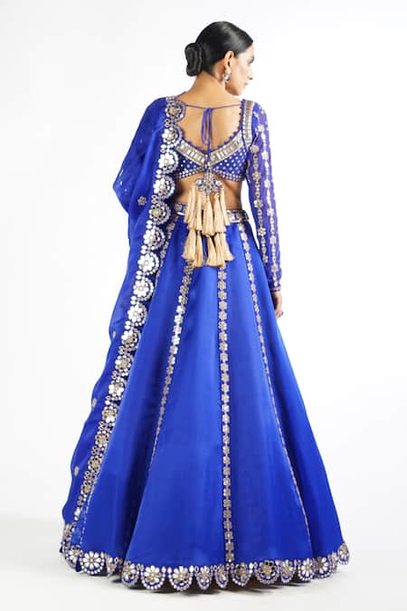 Shop_Vvani By Vani Vats_Blue Blouse Georgette, Lehenga And Dupatta Satin Embroidered Bridal Set _at_Aza_Fashions