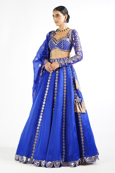 Shop_Vvani By Vani Vats_Blue Blouse Georgette, Lehenga And Dupatta Satin Embroidered Bridal Set _Online_at_Aza_Fashions