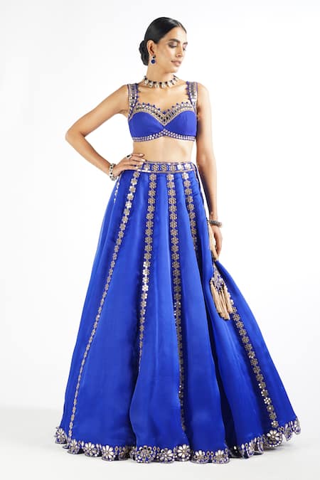 Shop_Vvani By Vani Vats_Blue Blouse Georgette, Lehenga And Dupatta Flower Linear Embroidered Bridal Set _Online_at_Aza_Fashions