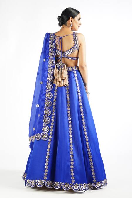 Shop_Vvani By Vani Vats_Blue Blouse Georgette, Lehenga And Dupatta Flower Linear Embroidered Bridal Set _at_Aza_Fashions