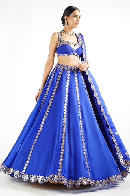 Vvani By Vani Vats_Blue Blouse Georgette, Lehenga And Dupatta Flower Linear Embroidered Bridal Set _Online_at_Aza_Fashions