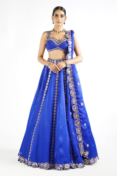 Buy_Vvani By Vani Vats_Blue Blouse Georgette, Lehenga And Dupatta Flower Linear Embroidered Bridal Set _Online_at_Aza_Fashions