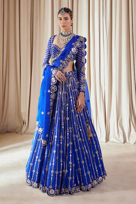 Shop Vvani By Vani Vats Blue Dupatta Satin Organza, Lehenga And Blouse Floral Embroidered Bridal Set Online at Aza Fashions Shop_Vvani By Vani Vats_Blue Dupatta Satin Organza, Lehenga And Blouse Floral Embroidered Bridal Set _Online_at_Aza_Fashions