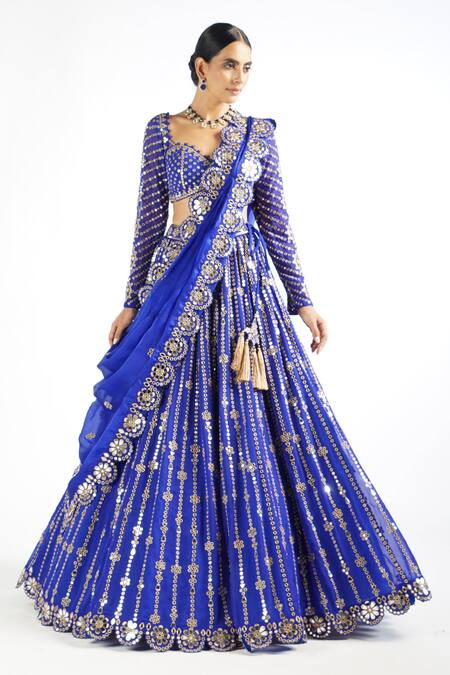 Buy Vvani By Vani Vats Blue Dupatta Satin Organza, Lehenga And Blouse Floral Embroidered Bridal Set Online at Aza Fashions Buy_Vvani By Vani Vats_Blue Dupatta Satin Organza, Lehenga And Blouse Floral Embroidered Bridal Set _Online_at_Aza_Fashions