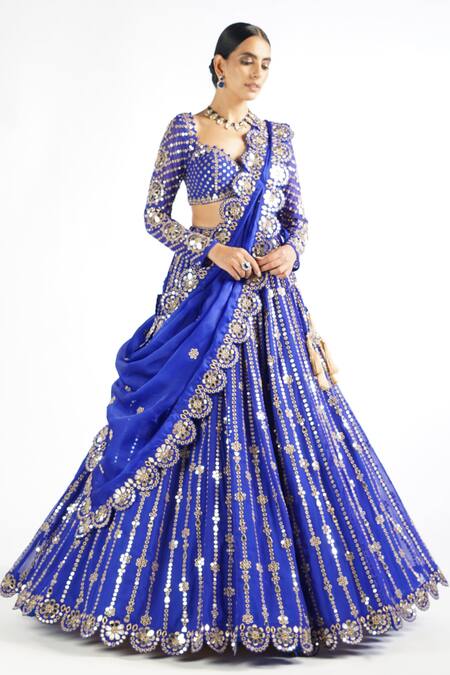 Vvani By Vani Vats Blue Dupatta Satin Organza, Lehenga And Blouse Floral Embroidered Bridal Set at Aza Fashions Vvani By Vani Vats_Blue Dupatta Satin Organza, Lehenga And Blouse Floral Embroidered Bridal Set _at_Aza_Fashions