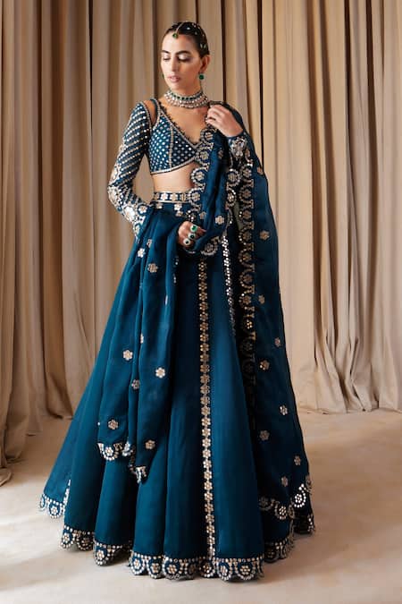 Navy blue green silk Indian wedding lehenga choli 908