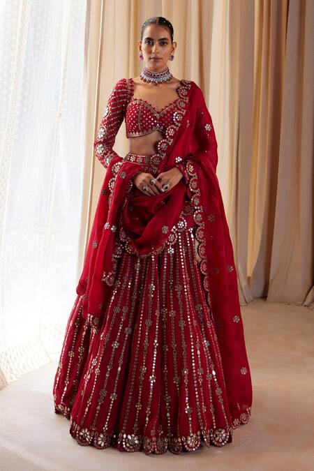 Shop_Vvani By Vani Vats_Red Dupatta Satin Organza, Lehenga And Blouse Floral Embroidered Bridal Set _Online_at_Aza_Fashions