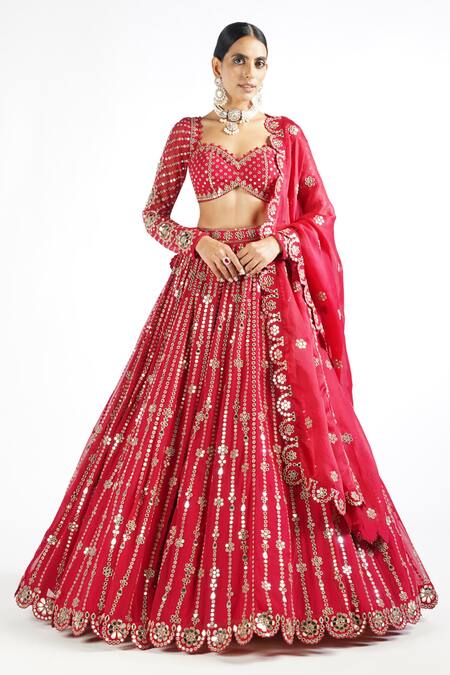 Vvani By Vani Vats_Red Dupatta Satin Organza, Lehenga And Blouse Floral Embroidered Bridal Set _at_Aza_Fashions