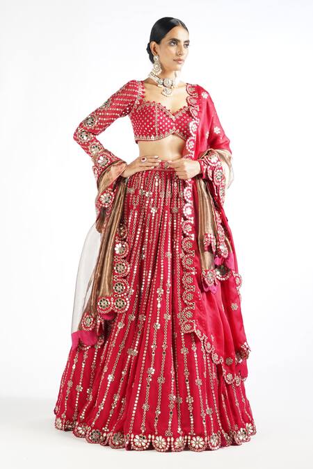 Vvani By Vani Vats_Red 1 Satin Organza, 2 Copper Floral Embroidered Bridal Set _Online_at_Aza_Fashions