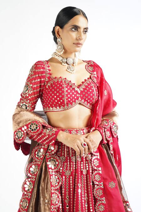 Buy_Vvani By Vani Vats_Red 1 Satin Organza, 2 Copper Floral Embroidered Bridal Set _Online_at_Aza_Fashions