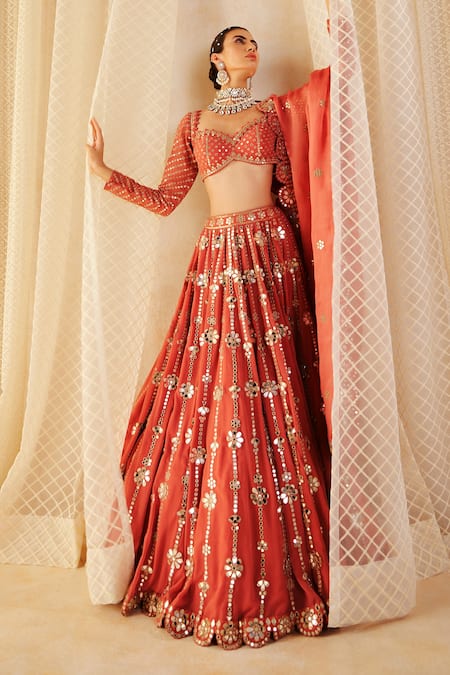 Buy_Vvani By Vani Vats_Pink Blouse Georgette, Lehenga And Dupatta Flower Linear Embroidered Bridal Set _Online_at_Aza_Fashions