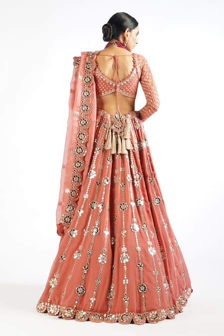 Shop_Vvani By Vani Vats_Pink Blouse Georgette, Lehenga And Dupatta Flower Linear Embroidered Bridal Set _Online_at_Aza_Fashions