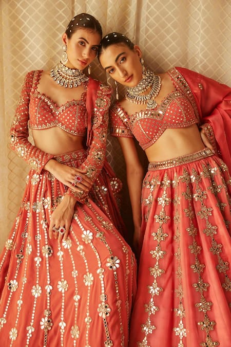 Buy_Vvani By Vani Vats_Pink Blouse Georgette, Lehenga And Dupatta Flower Linear Embroidered Bridal Set 