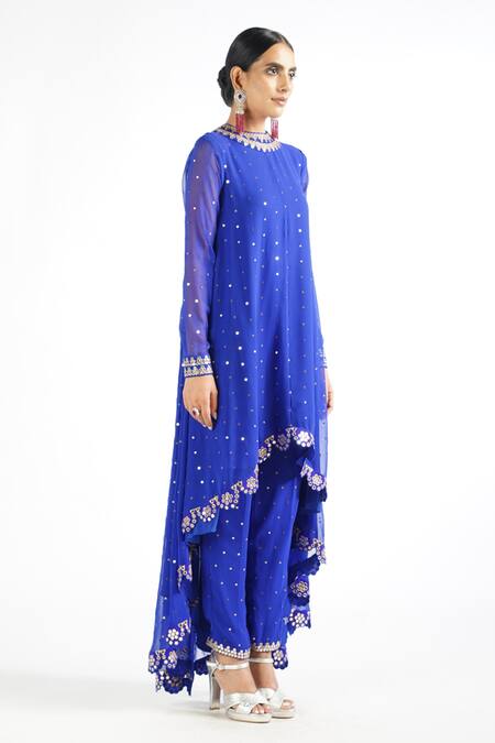 Vvani By Vani Vats_Blue Georgette, Lining Silk Blend Mirror Work Embroidered Kurta And Pant Set _Online_at_Aza_Fashions