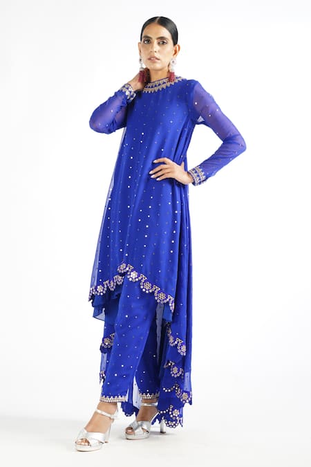 Buy_Vvani By Vani Vats_Blue Georgette, Lining Silk Blend Mirror Work Embroidered Kurta And Pant Set _Online_at_Aza_Fashions