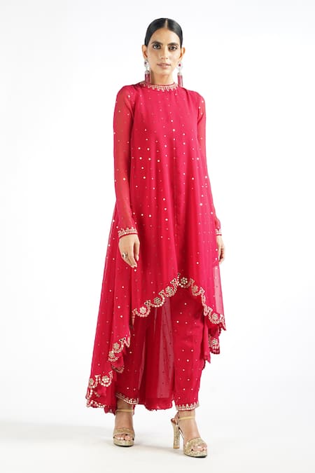 Vvani By Vani Vats Red Georgette, Lining Silk Blend Mirror Work Round Embroidered Kurta And Pant Set Online at Aza Fashions Vvani By Vani Vats_Red Georgette, Lining Silk Blend Mirror Work Round Embroidered Kurta And Pant Set _Online_at_Aza_Fashions